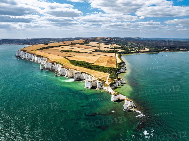 White Cliffs of Old Harry Rocks Jurassic Coast from a drone, Handfast Point, Dorset Coast, Poole, Dorset, England, United Kingdom