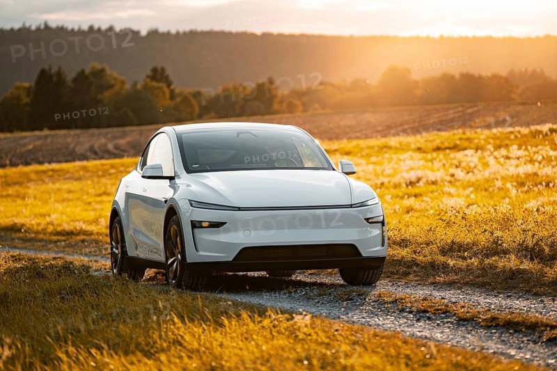 White car on a dirt road in a golden landscape at sunset, Tesla Model Y Juniper, electric car