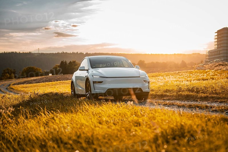 White car on a path surrounded by a wide meadow at sunset, Tesla Model Y Juniper, electric car