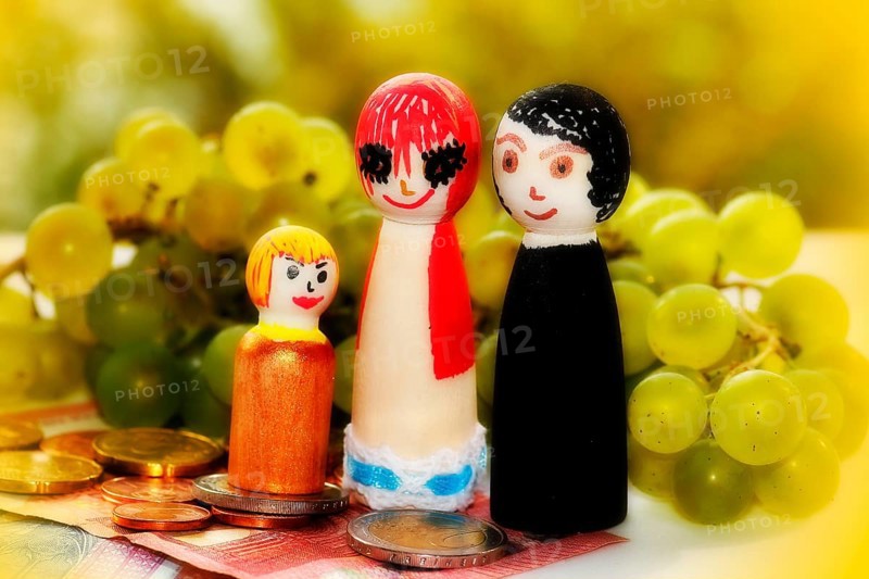 Wooden cone family with grapes and coins and banknotes, alienation, North Rhine-Westphalia, Germany