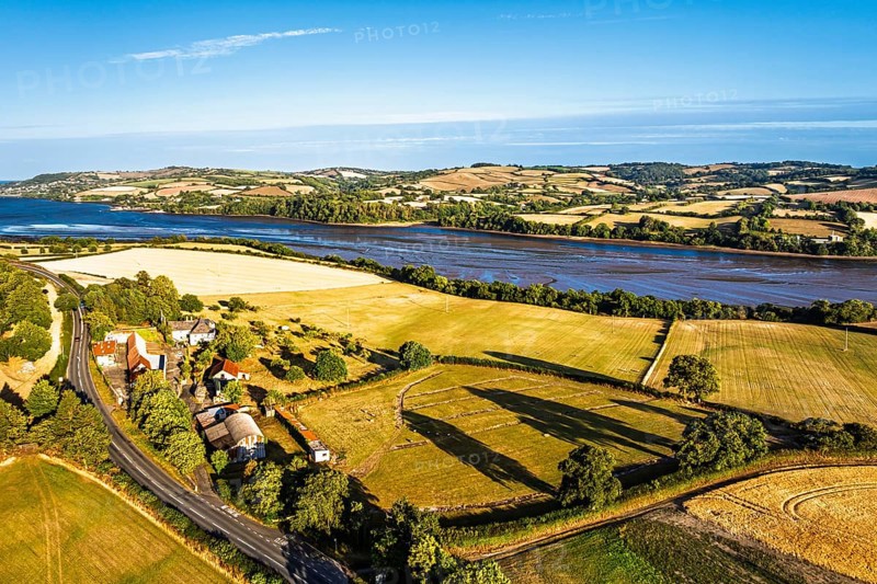 Farms and Fields over River Teign and Teignmouth Road from drone, Newton Abbot, Devon, England, United Kingdom