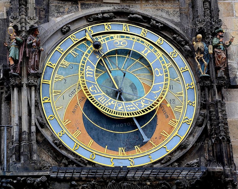 Close up of the historical astronomical clock, featuring intricate details, zodiac signs, and time indicators, located in prague, czech republic