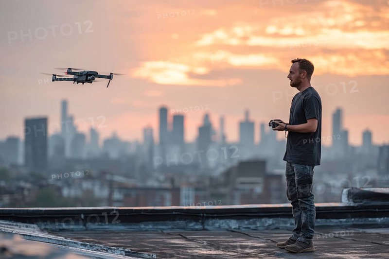 Ein Fernpilot startet sein Quadrocopter, Drohne auf einem Flachdach eines Wohnhauses an einem stimmungsvollen Abend, bei Sonnenuntergang, am Horizont die Skyline einer Großstadt, Symbolbild für Fliegen mit einer Drohne über Wohngebiet, AI generiert, AI generated