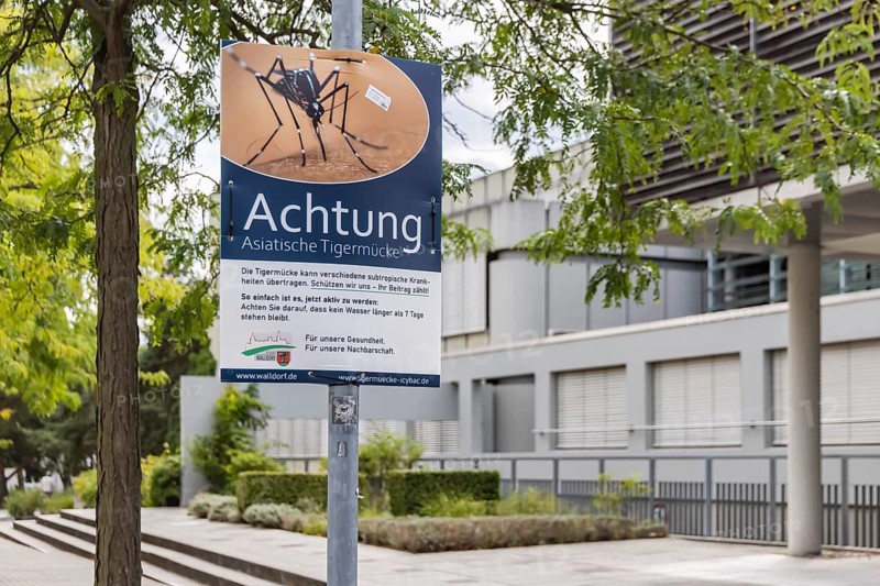 Attention Asian tiger mosquito (Aedes albopictus) . Poster with hazard warning and rules of behaviour for the population in the town of Walldorf. Walldorf Baden-Württemberg, Germany