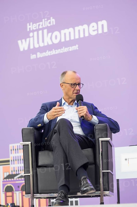 Friedrich Merz (CDU, Chancellor of the Federal Republic of Germany) during a stage talk at the Open Day at the Federal Chancellery in Berlin on 24 August 2025. On 23 and 24 August, the Federal Chancellery, the federal ministries and the Federal Press Office will open their doors to all citizens