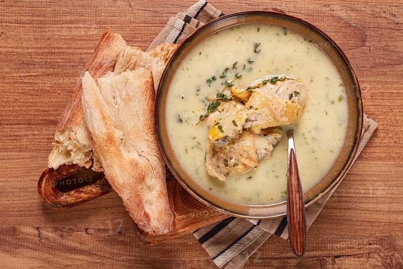 Chikhirtma chicken soup, Georgian dish, with lavash, top view, no people