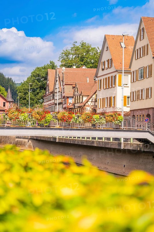 Summer city panorama with river, half-timbered houses and bridge under blue sky, small town pearl Calw, Black Forest, Germany