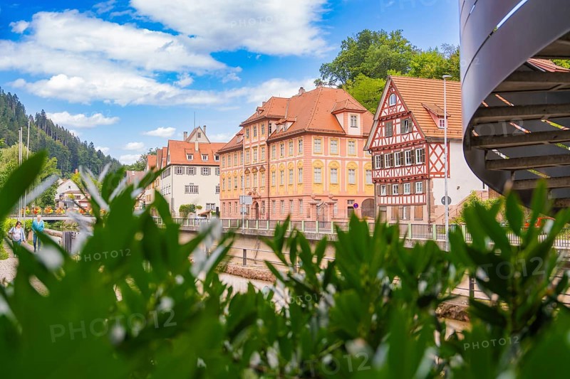 View over plants to half-timbered houses under a blue, cloudy sky, small town of Perle Calw, Black Forest, Germany