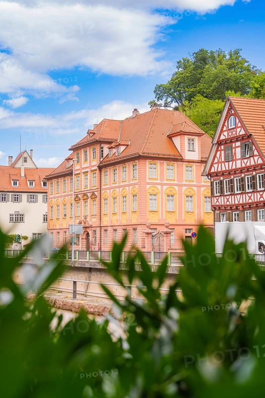 Half-timbered houses with gables under a blue sky, framed by green vegetation, small town of Perle Calw, Black Forest, Germany