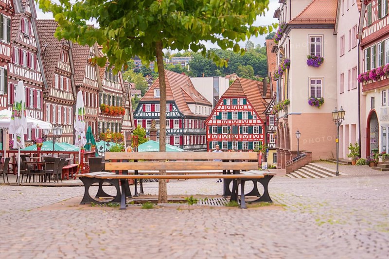 Quiet, picturesque half-timbered street with benches under trees, small town pearl Calw, Black Forest, Germany