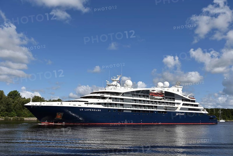 Luxury cruise ship LE LAPEROUSE sails through the Kiel Canal, Kiel Canal, Kiel Canal, Schleswig-Holstein, Germany