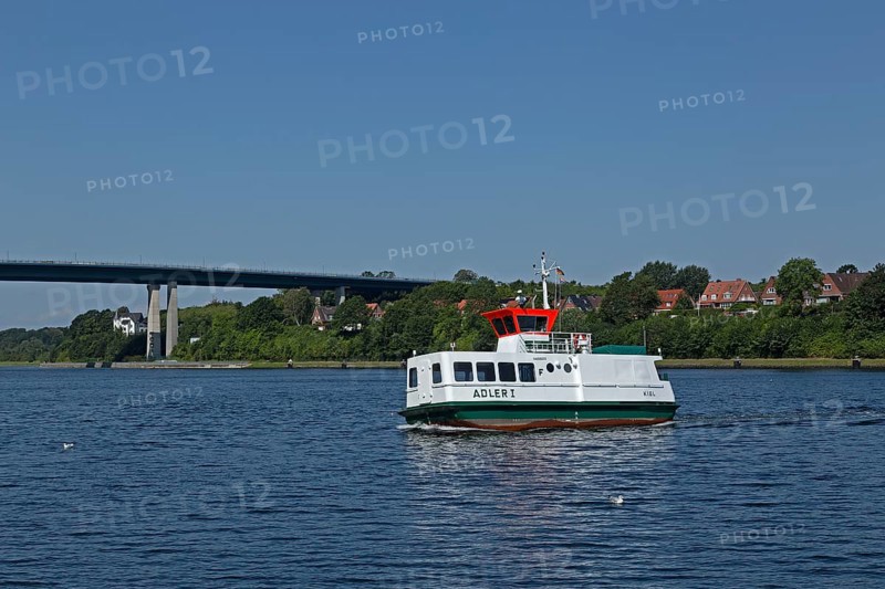 Passenger ferry Adler 1, Holtenauer Hochbrücken, Kiel Canal, Kiel, Schleswig-Holstein, Germany