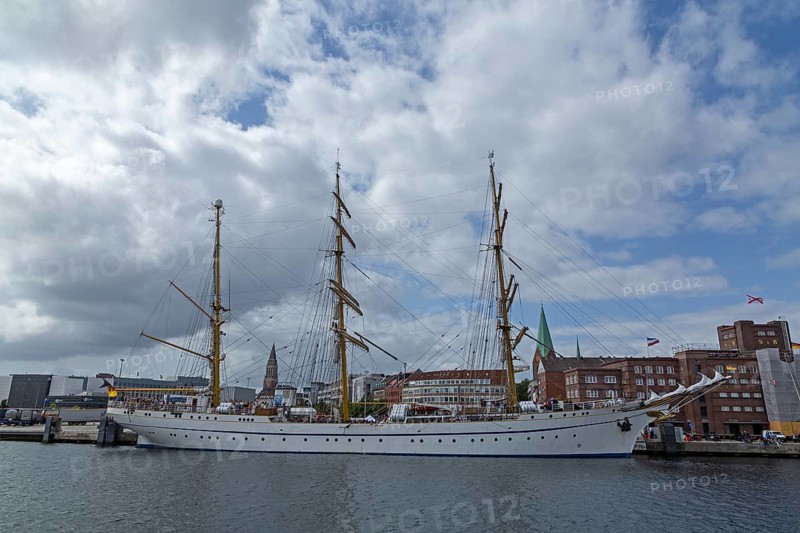 Sailing training ship Gorch Fock moored in the harbour, Kiel, Schleswig-Holstein, Germany