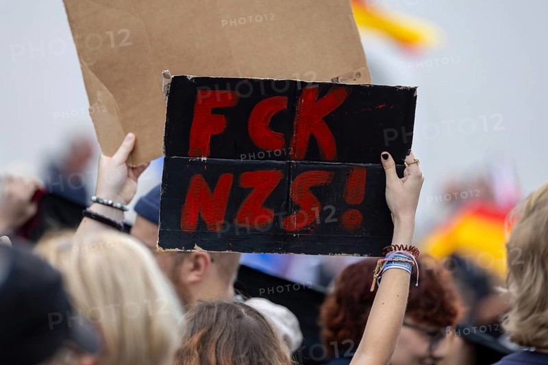 Counter-demonstration against the rally of AfD politician Joachim Paul in Ludwigshafen-Oggersheim***Picture: Sign with the inscription FCK NZS (Fuck Nazis)