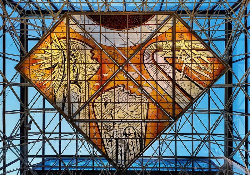 Stained glass artwork entitled Icarus, one of two glass artworks by Leifur Breidfjörd at Keflavik Airport, Reykjanesskagi, Iceland