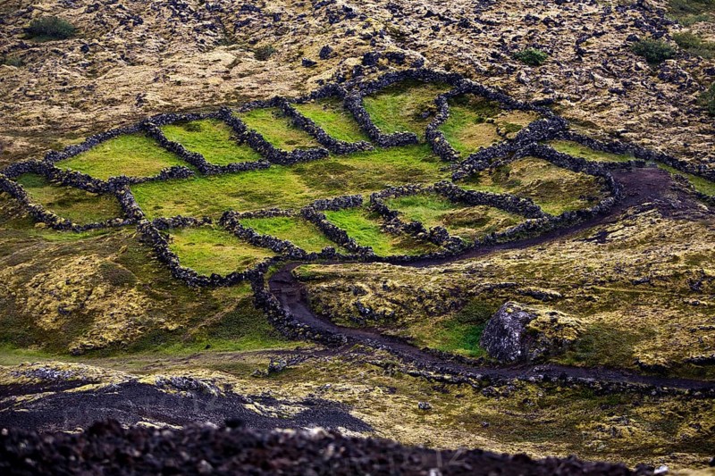 Gamla-Brekkurétt seen from the air next to the volcanic crater Stóra-Grábrók, Iceland