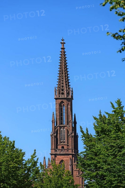Tower of the neo-Gothic town church, around 1850, Offenburg, Baden-Württemberg, Germany