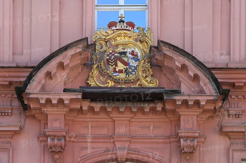 Historical town coat of arms on the former Konigshof, Hauptstrasse, Offenburg, Baden-Württemberg, Germany