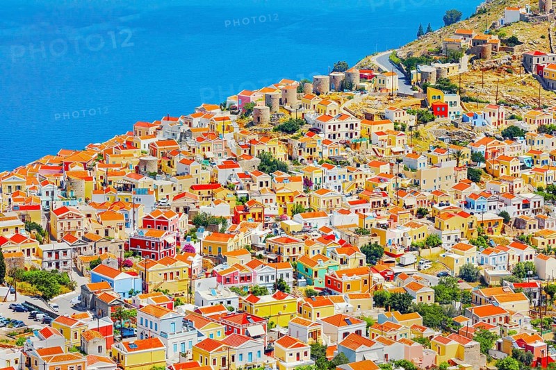 Chorio (upper town), high angle view, Chorio, Symi Island, Dodecanese Islands, Greece
