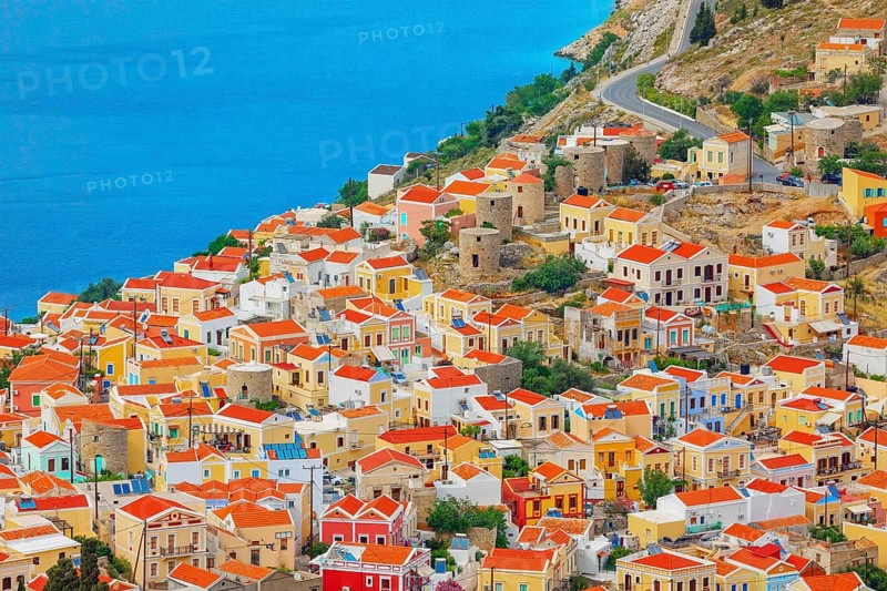 Chorio (upper town), high angle view, Chorio, Symi Island, Dodecanese Islands, Greece