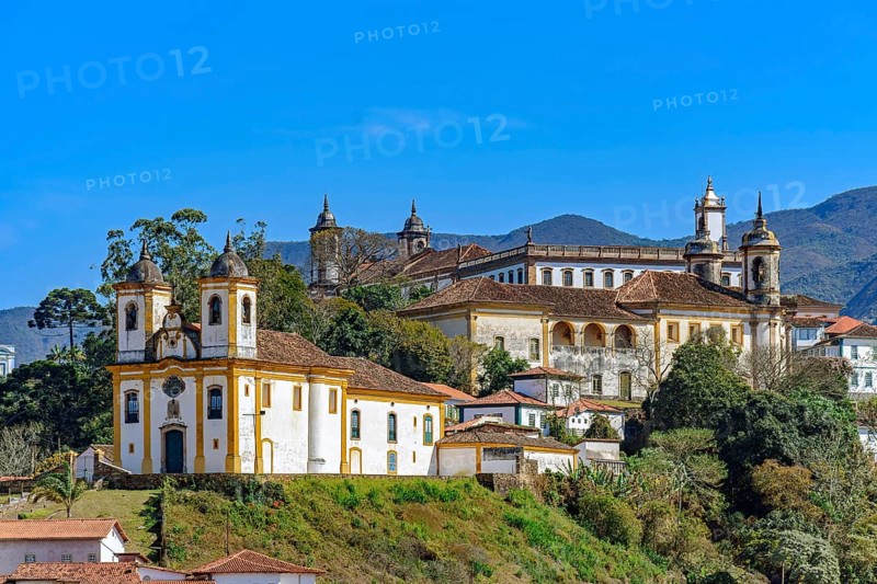 Antique baroque churches and historic buildings in the old city of Ouro Preto in Minas Gerais, Ouro Preto, Minas Gerais, Brazil