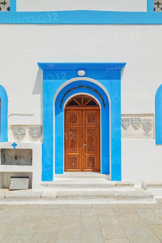 Megali Panagia church facade, Chorio, Symi Island, Dodecanese Islands, Greece