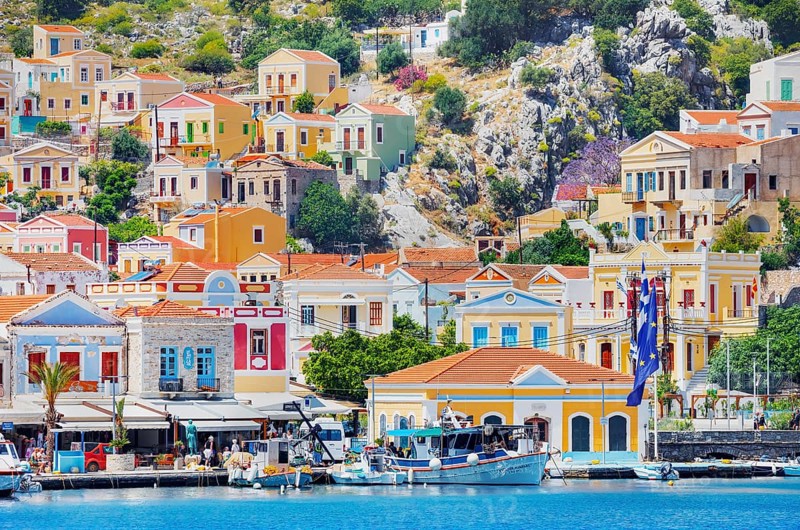 View of Gialos Harbour, Gialos, Symi Island, Dodecanese Islands, Greece