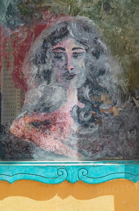 Painted outdoor cafe window, Gialos, Symi Island, Dodecanese Islands, Greece