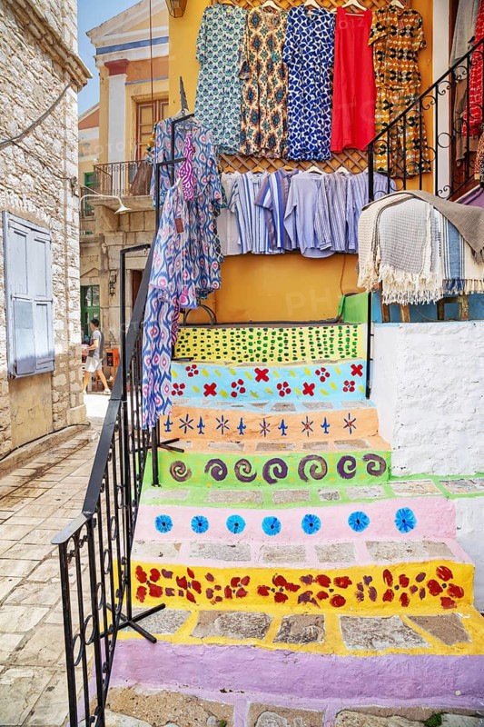 Old town painted staircase, Gialos, Symi Island, Dodecanese Islands, Greece