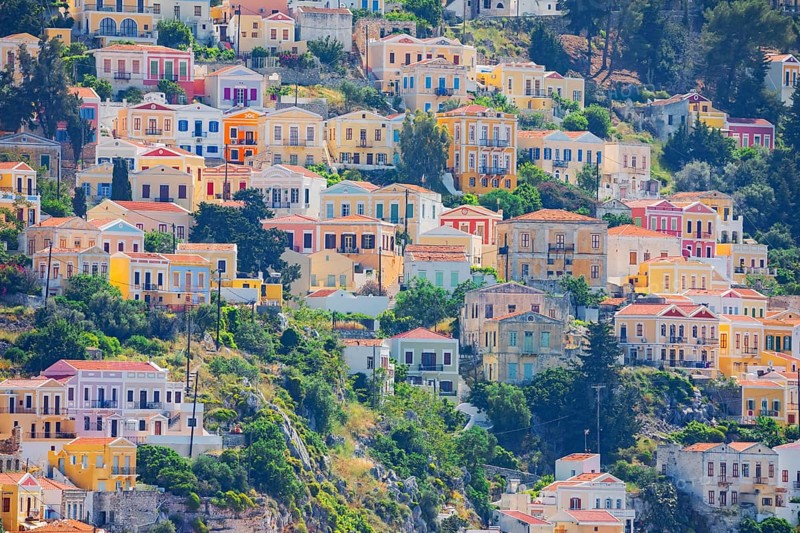 Colourful houses, Chorio, Symi Island, Dodecanese Islands, Greece