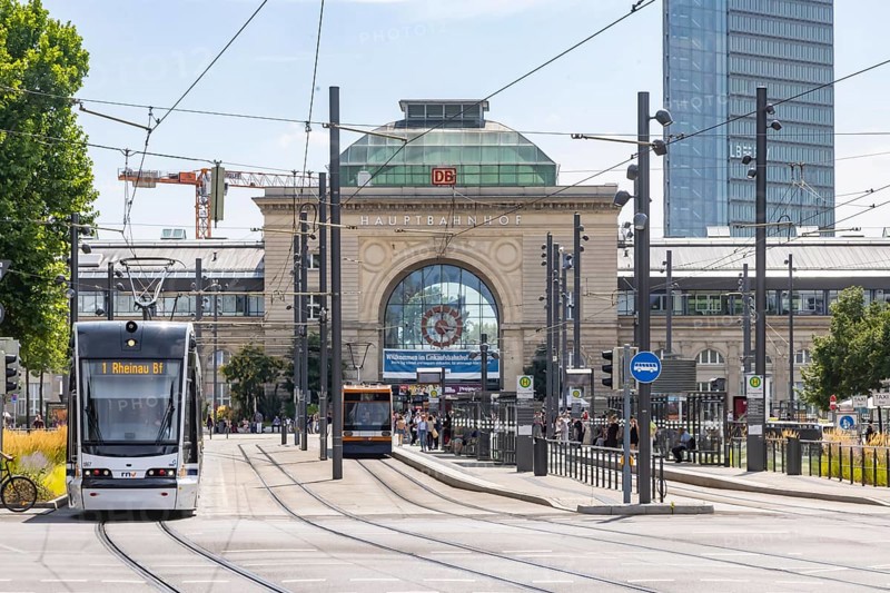Rhein-Neckar-Verkehr GmbH (rnv) tram travelling through the city of Mannheim. Central station. Mannheim, Baden-Württemberg, Germany