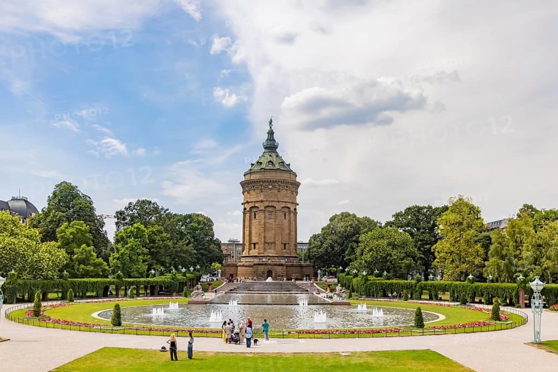 City view, historic water tower with fountain, landmark of Mannheim, Baden-Württemberg, Germany