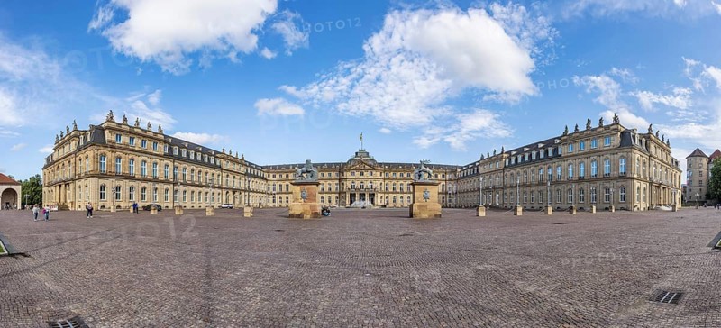 New Palace with Palace Square. Panoramic photo. Stuttgart, Baden-Württemberg, Germany