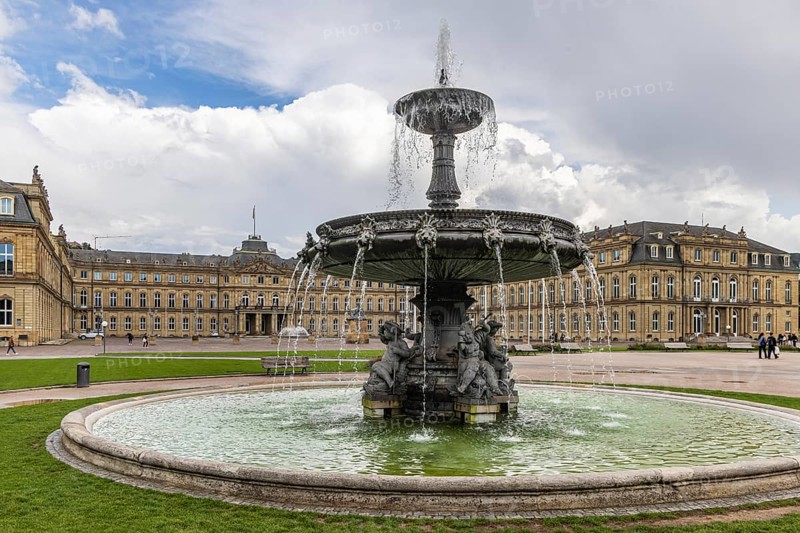 New Palace with Palace Square and fountain. City view of Stuttgart, Baden-Württemberg, Germany