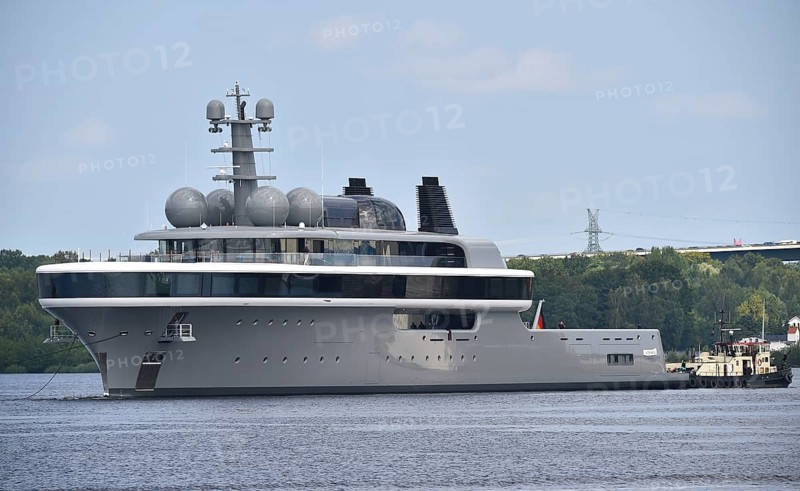 The new superyacht COSMOS leaves the Lürssen shipyard near Rendsburg for the Kiel Canal, Kielkanal, Kiel Canal, Schleswig-Holstein, Germany