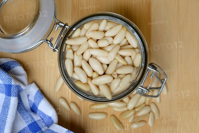 Pine nuts in glass containers, Pinus pinea