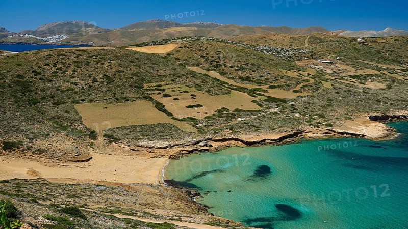 Bay of Vai, coastal landscape with turquoise water and overgrown hills under a clear sky, Analipsi, Maltezana, Astypalea, Astipalea, Astipaleia, Dodecanese, Greek Islands, Greece