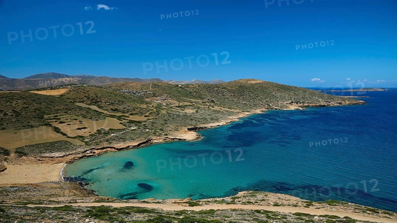 Bay of Vai, coast with crystal blue water, surrounded by hilly landscape under a clear sky, Analipsi, Maltezana, Astypalea, Astipalea, Astipaleia, Dodecanese, Greek Islands, Greece