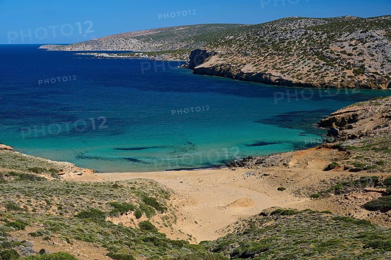 Bay of Vai, A small bay with clear blue water and sandy beach, Analipsi, Maltezana, Astypalea, Astipalea, Astipaleia, Dodecanese, Greek Islands, Greece