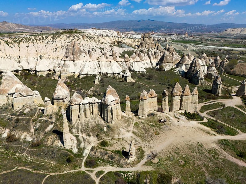 Striking rock needles line the wide valley in the Cappadocia region, aerial view, Love Valley, Göreme National Park, Göreme Tarihî Millî Parki, Nevsehir province, Nevsehir, Cappadocia, Cappadocia, Cappadocia, Cappadocia, Central Anatolia, Turkey