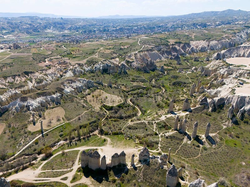 Panoramic view of breathtaking landscapes and formations in Cappadocia, aerial view, Love Valley, Göreme National Park, Göreme Tarihî Millî Parki, Nevsehir Province, Nevsehir, Cappadocia, Cappadocia, Cappadocia, Cappadocia, Central Anatolia, Turkey