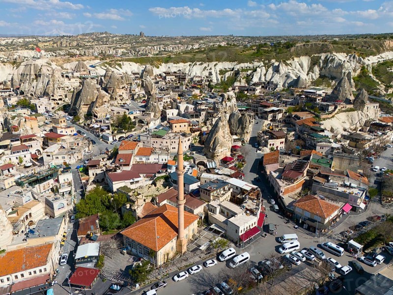 Detailed urban scene with buildings surrounded by unique rock formations in the heart of Cappadocia, aerial view, Göreme, Göreme National Park, Göreme Tarihî Millî Parki, Nevsehir Province, Nevsehir, Cappadocia, Cappadocia, Cappadocia, Cappadocia, Central Anatolia, Turkey