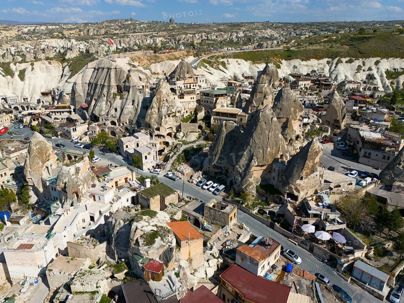 Lively city with unique architecture nestled between striking rock formations, aerial view, Göreme, Göreme National Park, Göreme Tarihî Millî Parki, Nevsehir province, Nevsehir, Cappadocia, Cappadocia, Kapadokya, Cappadocia, Central Anatolia, Turkey