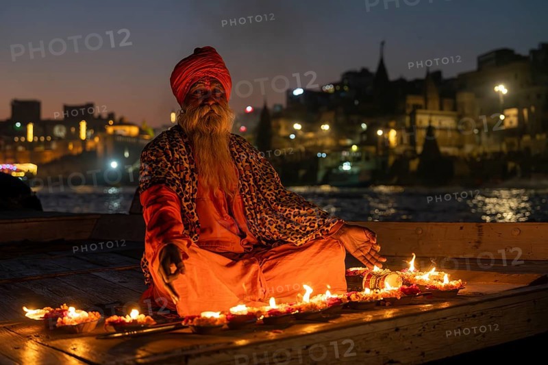 Sadhu on boat, burning candles, Mughalsarai, Uttar Pradesh, India