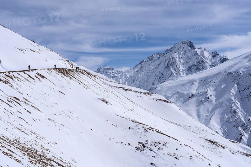 People walking through the snow, in the high mountains, Himalayas, Spitital, Kaza, Himachal Pradesh, India