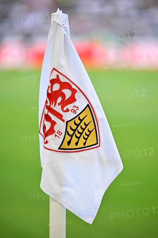 Corner flag, VfB Stuttgart MHPArena logo, MHP Arena Stuttgart, Baden-Württemberg, Germany
