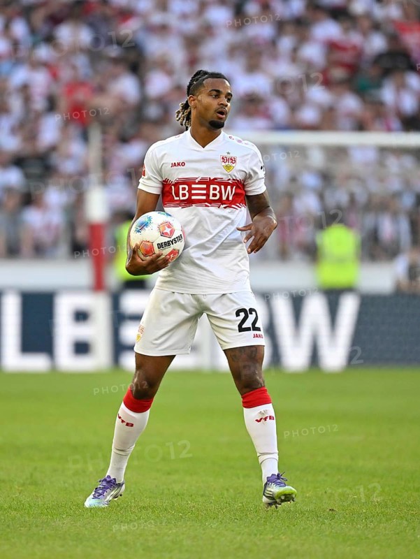 Lorenz Assignon VfB Stuttgart (22) with ball perimeter advertising LBBW MHPArena, MHP Arena Stuttgart, Baden-Württemberg, Germany