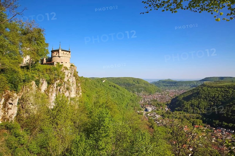 Augustenturm, cannon tower, Lichtenstein Castle, fairytale castle of Württemberg, romantic fairytale castle on the eaves of the Swabian Alb, historicism, architecture, new building 1840-1842, according to plans by architect Carl Alexander Heideloff, 19th century, rock, Honau, municipality of Lichtenstein, Baden-Württemberg, Germany