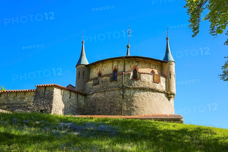 Augustenturm, cannon tower, Lichtenstein Castle, fairytale castle of Württemberg, romantic fairytale castle on the eaves of the Swabian Alb, historicism, architecture, new construction 1840-1842, according to plans by the architect Carl Alexander Heideloff, 19th century, Honau, municipality of Lichtenstein, Baden-Württemberg, Germany