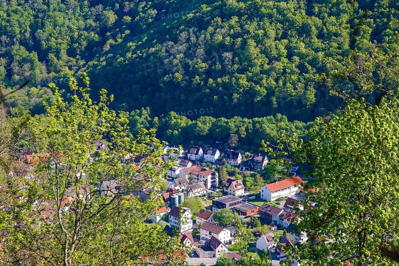 View from Lichtenstein Castle, view of the Echatztal, Honau, eaves of the Swabian Alb, Honau, municipality of Lichtenstein, Baden-Württemberg, Germany